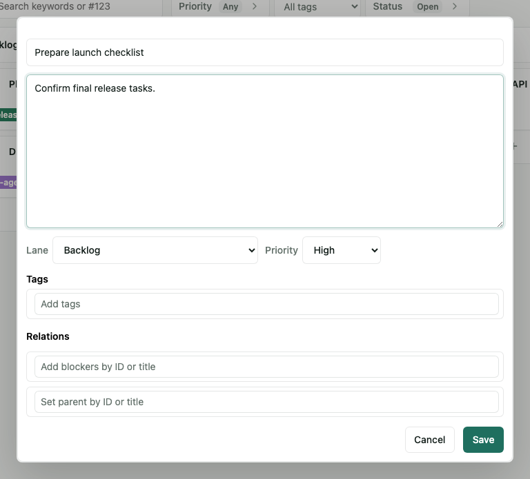 Ticket create dialog