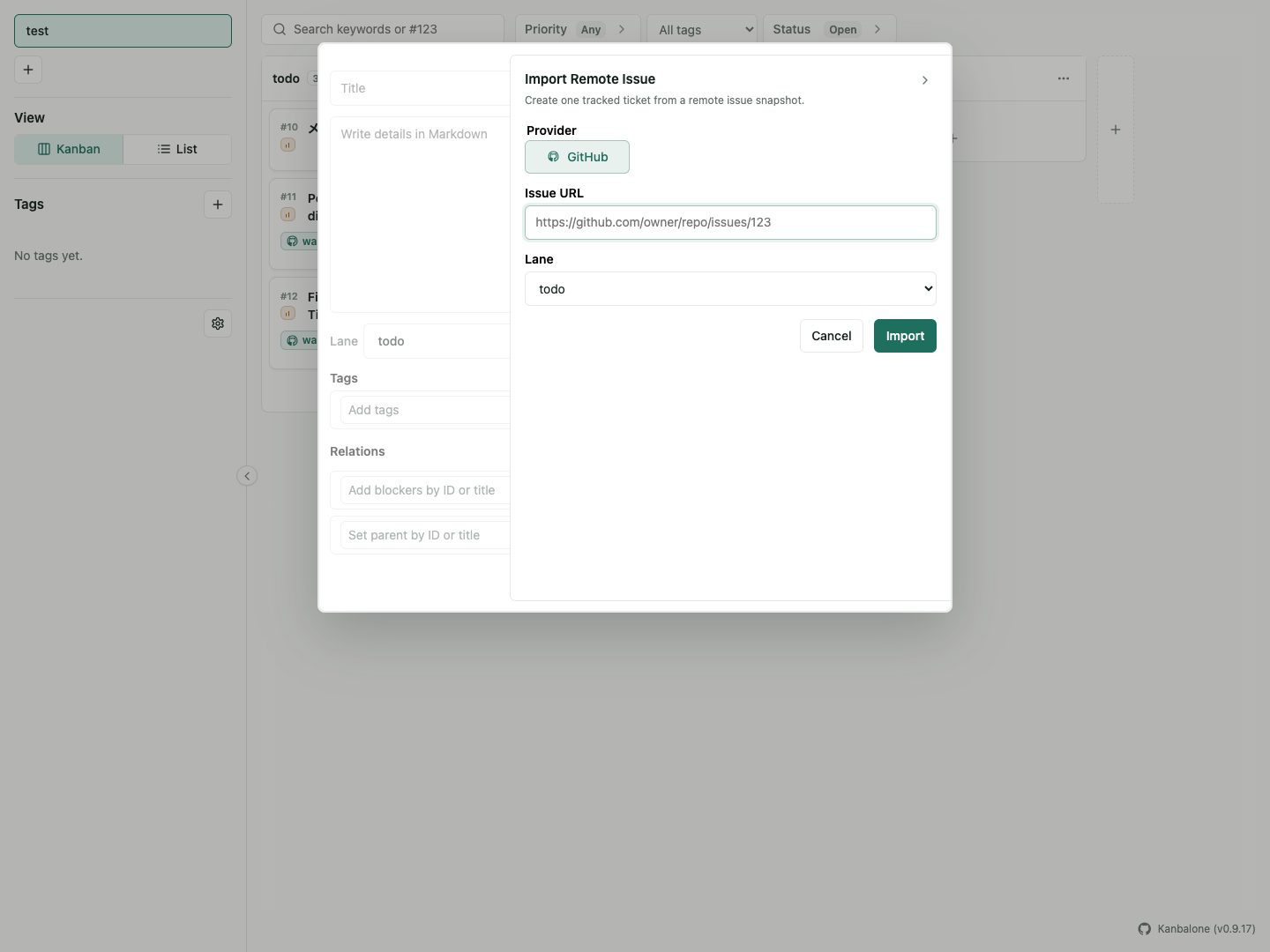 Remote issue import panel