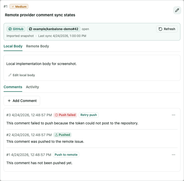Remote comment push states in the ticket detail view