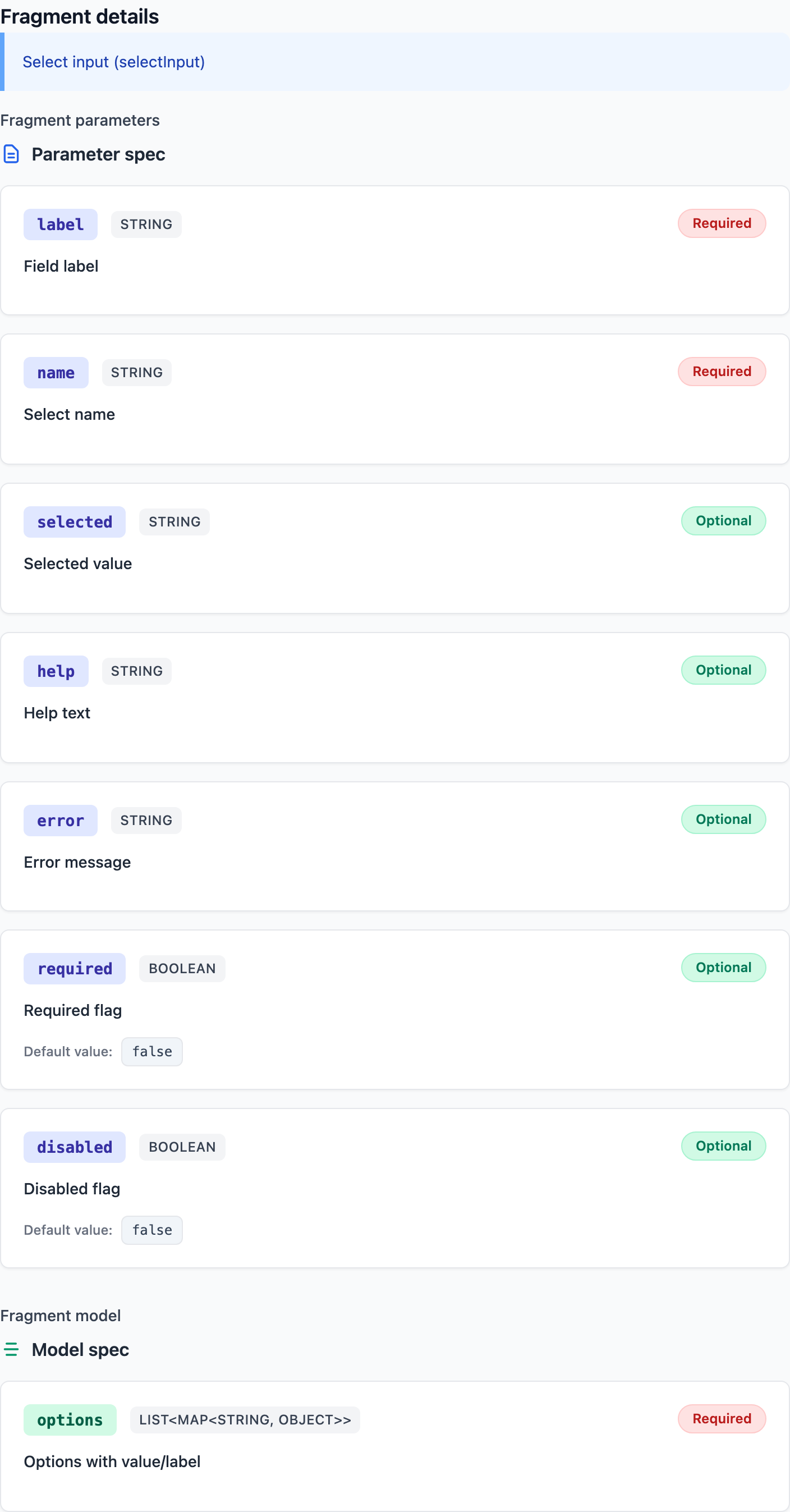 Fragment details and model specification panel